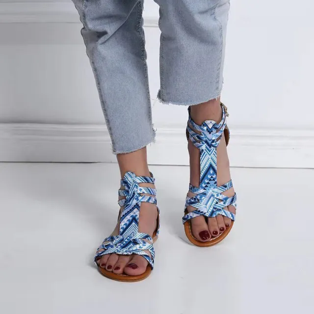 Ladies Ethnic Style Buckle Flat Roman Sandals Blue - Shop at LoveMi