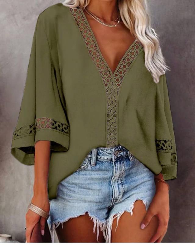 V-Neck Hollow Lace Flared Sleeve Shirt Top