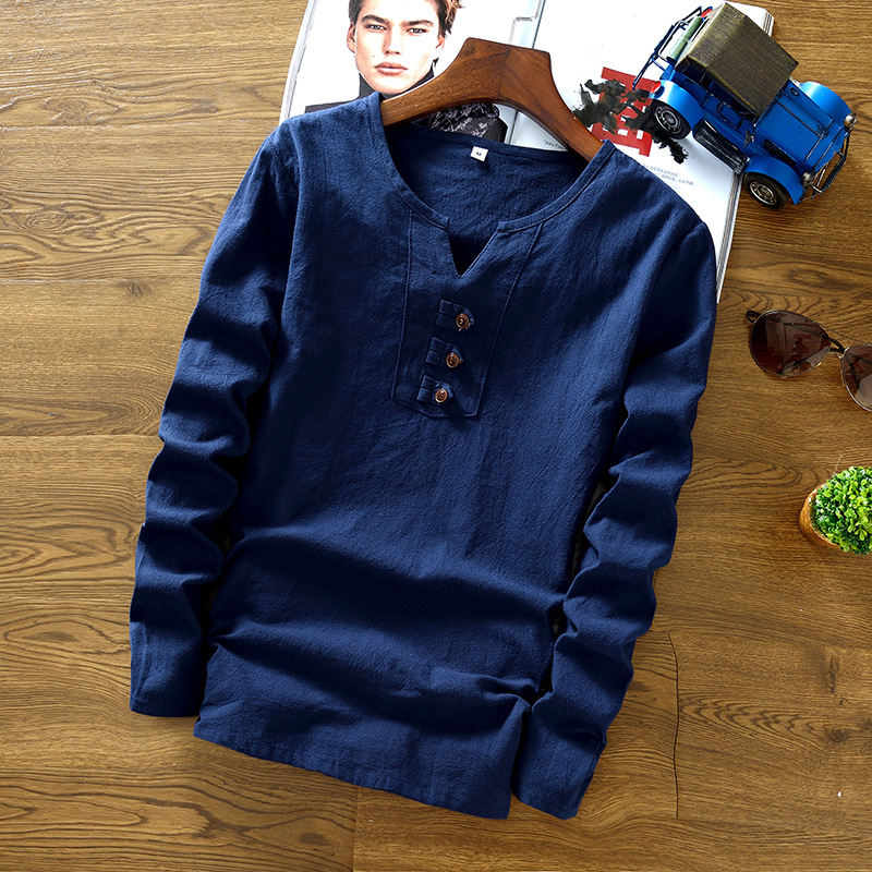 Men's Cotton And Linen Long-Sleeved Shirt