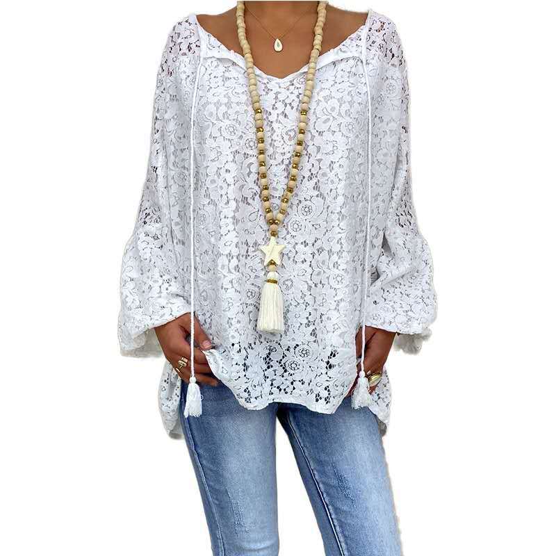 White Blouse Hollow Lace V-Neck Loose Pullover All-Match Long-Sleeved Shirt