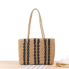 Vertical Stripes One-shoulder Straw Woven Bag Fashion Women's Bag - Brown - View 1