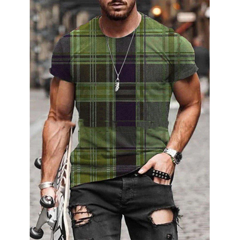 New Contrast Color Stitching Plaid Pattern Printing Short Sleeved Men's T Shirt