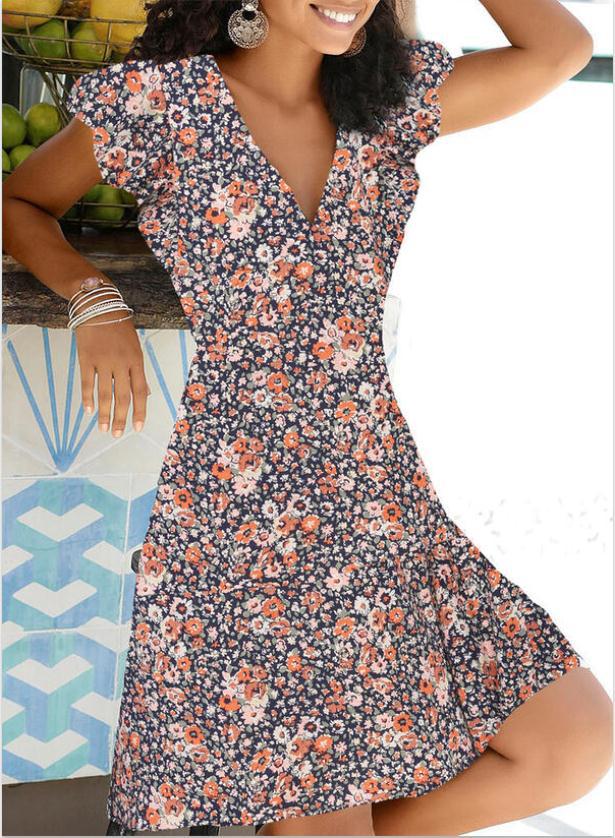 Digital Printed Floral V-Neck Pullover Ladies Dress