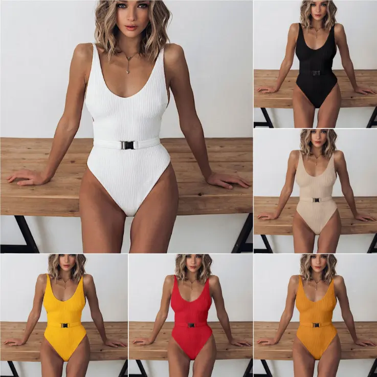 Women'S One-Piece Swimsuit Solid Color Special Fabric Belt Buckle
