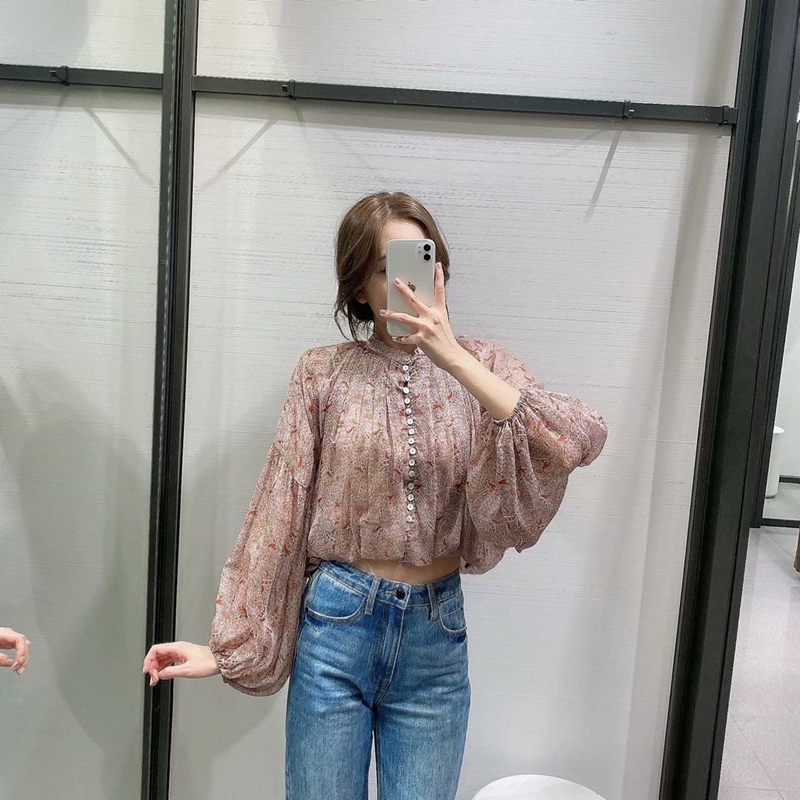 Retro Print Puff Sleeve Short Shirt Top