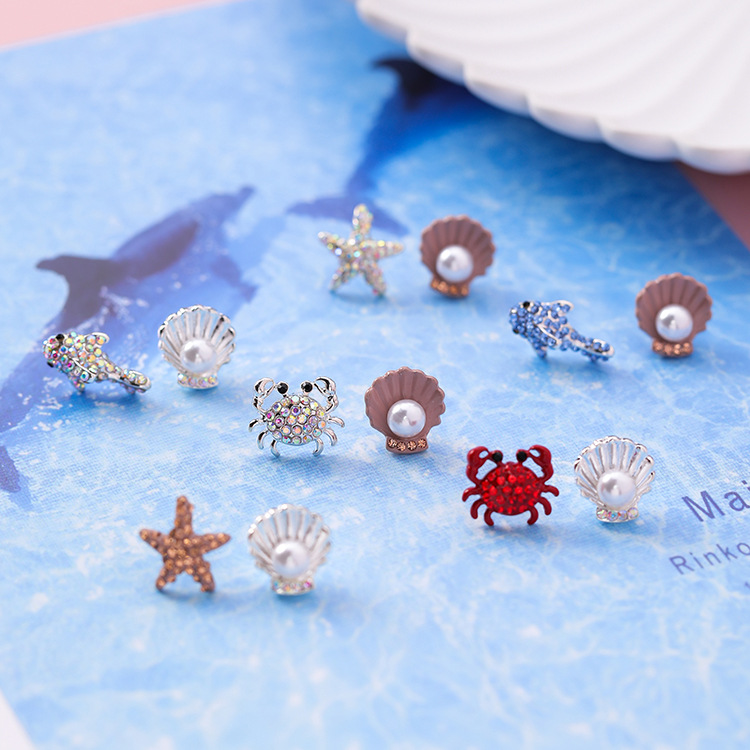 925 Silver Needle Cute Crab Starfish Diamond Earrings Small Personality Petite Pearl Shell Earrings Earrings Female