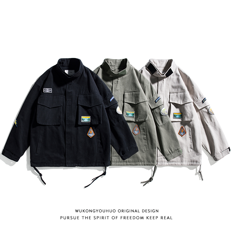 Wukong In Stock Japanese Retro Multi-Pocket Tooling Jacket Men'S Trendy Brand Personality Labeling Loose Couple Stand-Up Collar Jacket