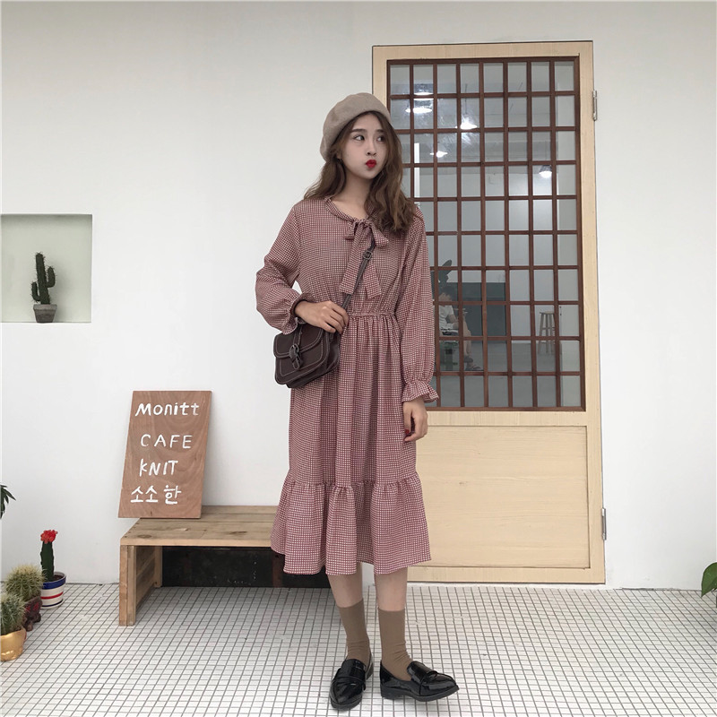 Autumn and winter Korean floral long sleeve lace up bow Chiffon Dress