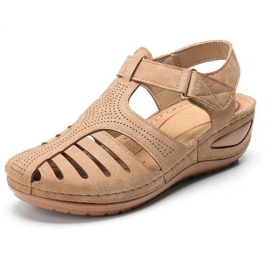 Baotou Hollow One-line Wedge Sandals - Beige
