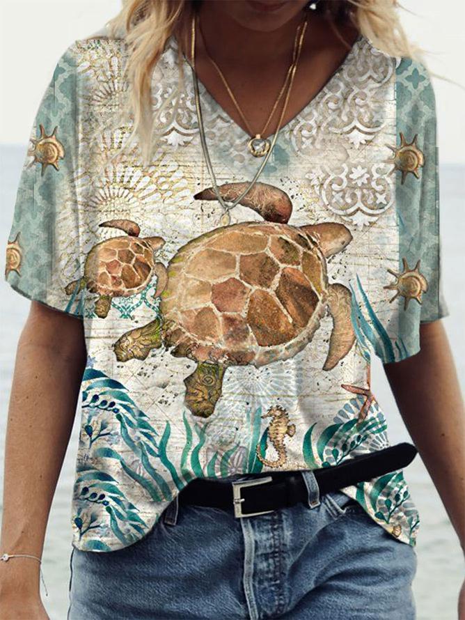 Fashion turtle print women's V-neck loose T-shirt