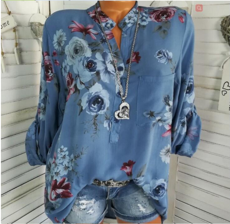 Fashion Color Print V-neck Long-sleeved Shirt