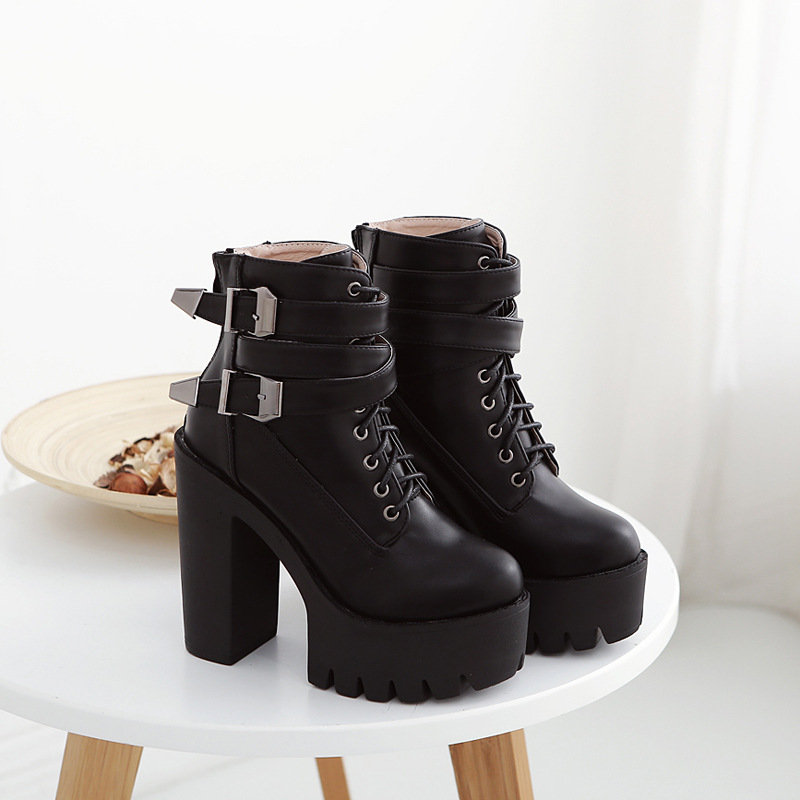 Autumn And Winter New Style Belt Buckle High-Heel Martin Women'S Boots With Thick-Heeled Short Boots Round Toe Women'S Shoes