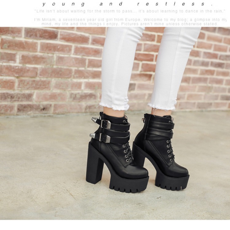 Autumn And Winter New Style Belt Buckle High-Heel Martin Women'S Boots With Thick-Heeled Short Boots Round Toe Women'S Shoes