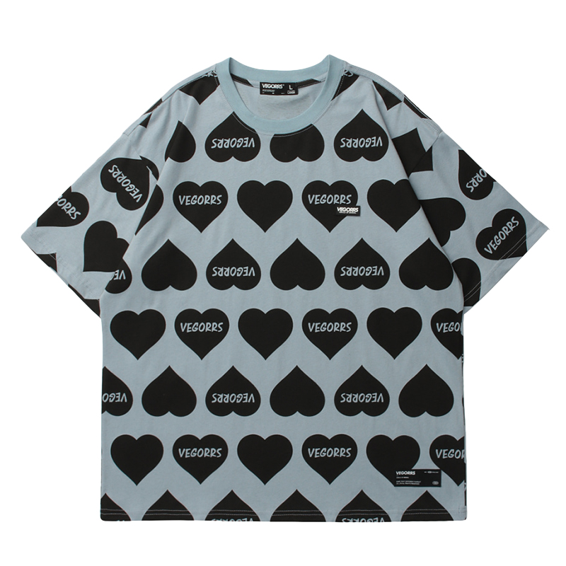 Wukong Has Stock Ins Tide Brand Hip-Hop Love Full-Print Short-Sleeved T-Shirt Male Street Loose Bf Wind Casual All-Match T-Shirt