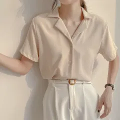 White Chiffon Shirt Women Summer New Temperament V-Neck Blouse All-Match Loose Short-Sleeved Foreign Style Small Shirt - Apricot - View 1