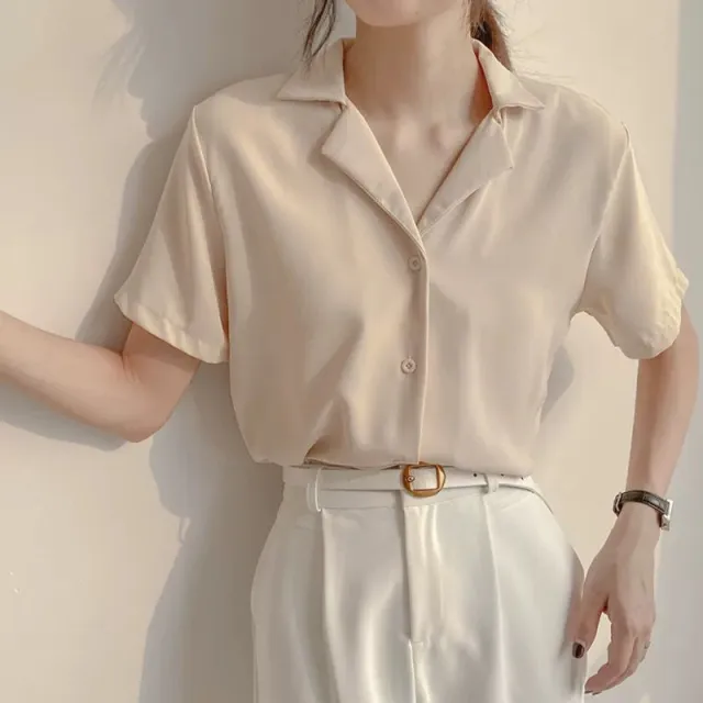 White Chiffon Shirt Women Summer New Temperament V Neck Blouse All Match Loose Short Sleeved Foreign Style Small Shirt Apricot - Shop at LoveMi