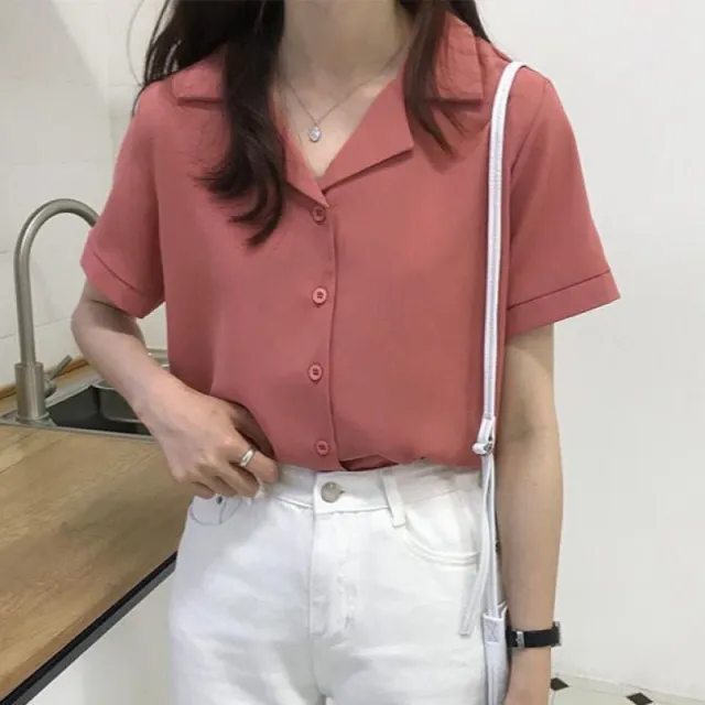 White Chiffon Shirt Women Summer New Temperament V Neck Blouse All Match Loose Short Sleeved Foreign Style Small Shirt Brick Red - Shop at LoveMi