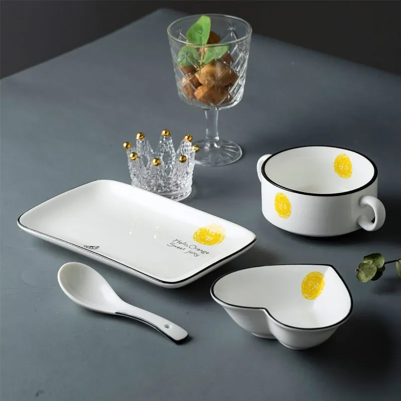 Cute European-Style Dishes Set For One Person Net Red Ins Breakfast Plate Bowl Household Tableware Set Supply - Orange