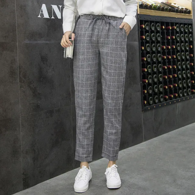 Spring Korean Loose Cotton And Hemp Pants Women'S Summer Harem Pants Plaid Casual Feet Women'S Pants Thin Grey - Shop at LoveMi