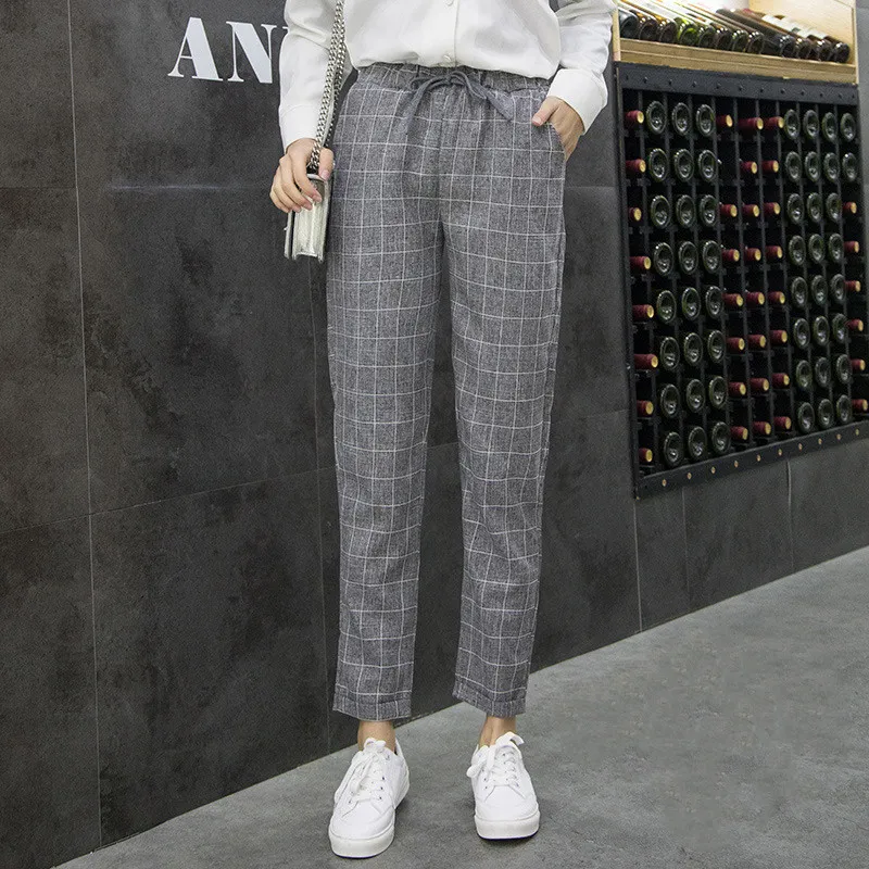 Spring Korean Loose Cotton And Hemp Pants Women'S Summer Harem Pants Plaid Casual Feet Women'S Pants Thin - Grey