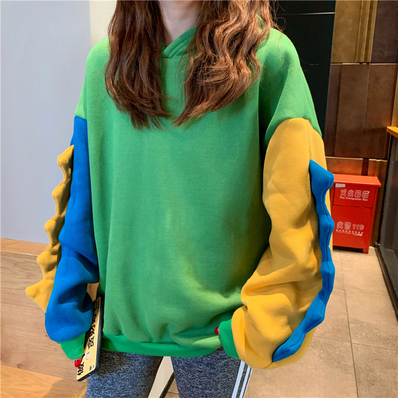 European And American Cute Irregular Color Matching Hooded Dinosaur Sweater In Winter Three Colors