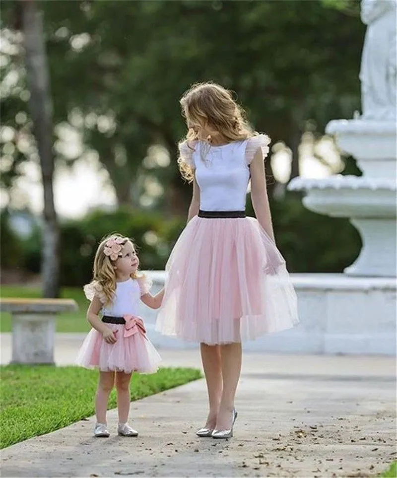 Spring Cotton Short-Sleeved Fashion Sweet Parent-Child Suit Net Gauze Canopy Skirt Two-Piece Mother And Daughter Suit Skirt - Pink