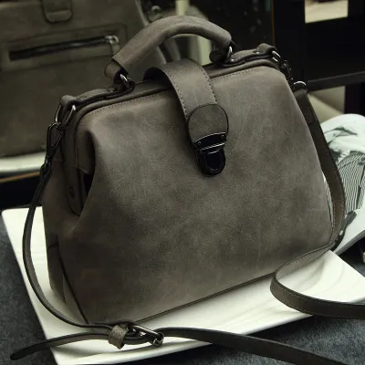 New Retro Doctor'S Bag, Messenger Bag, Lady'S Handbag, Shoulder Bag, Frosted Leather Bag Grey - Shop at LoveMi