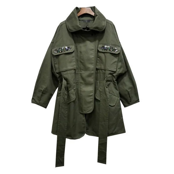 Lace Waist Long Sleeved Tooling Jacket Women Army Green - Shop at LoveMi