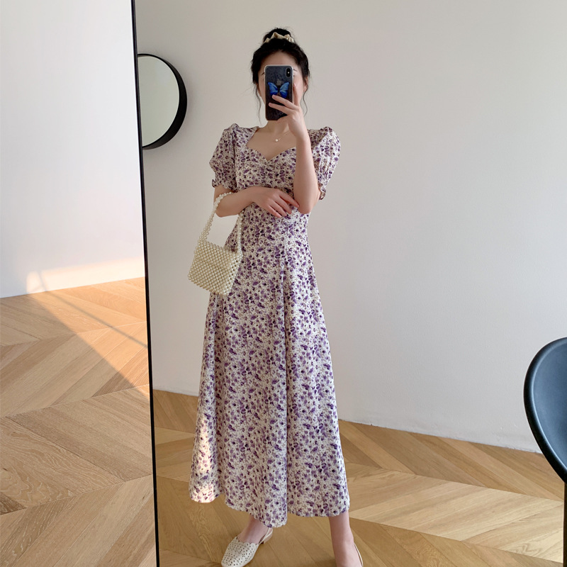 Floral Fragrant Taro Purple Dress Female Summer French Retro Waist Waist Was Thin Platycodon Temperament Long Skirt Super Fairy Forest