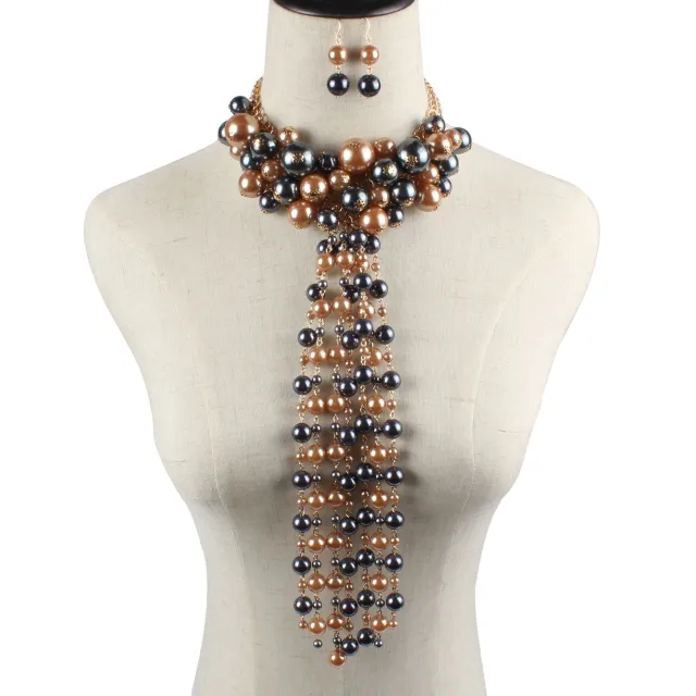 Ethnic Style Multi Layer Tassel Necklace With Imitation Pearl Black Coffee - Shop at LoveMi
