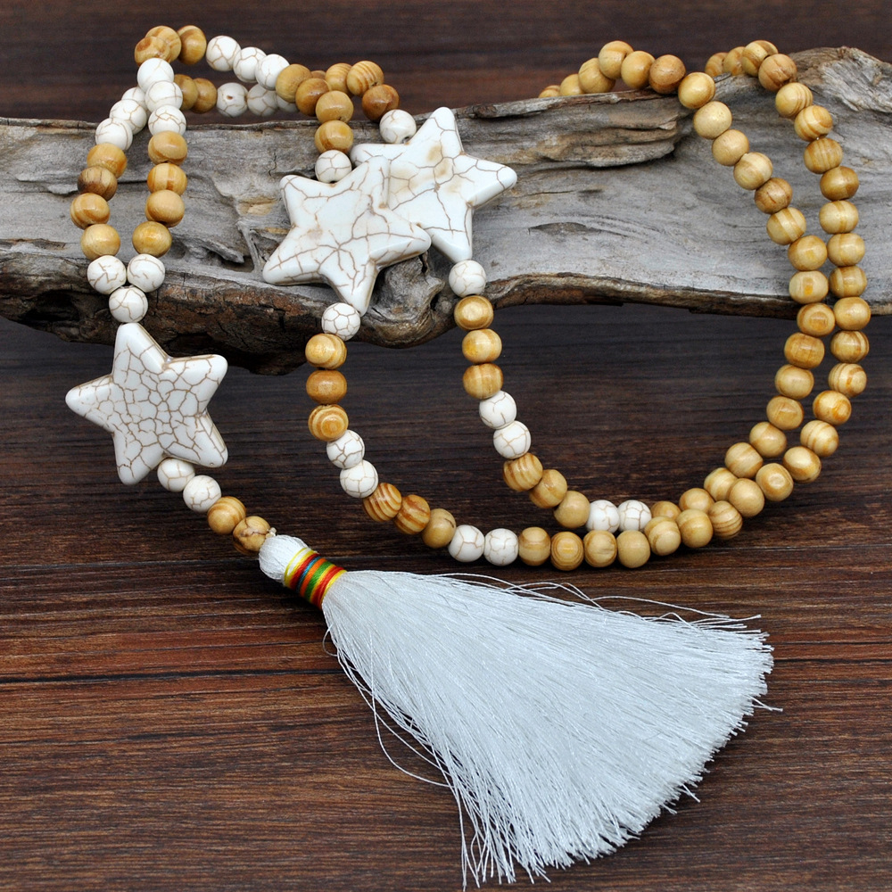 White Tassel Wooden Bead Five-Pointed Star Necklace Female Handmade Beaded Autumn And Winter Sweater Chain Long Pendant