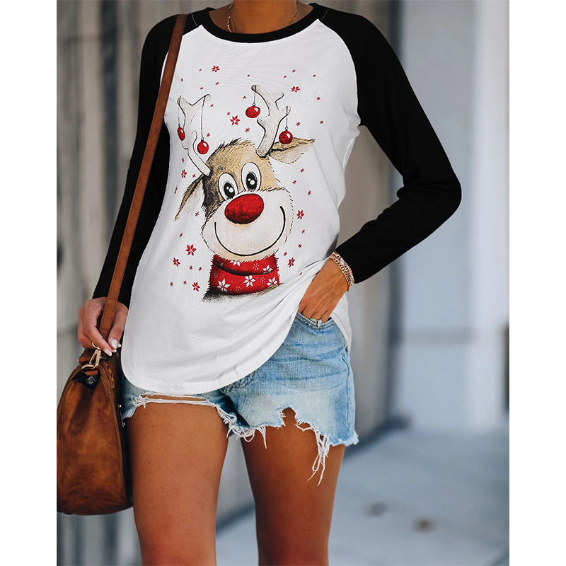 Women'S Casual Street Loose Round Neck Christmas Print Long-Sleeved T-Shirt Women