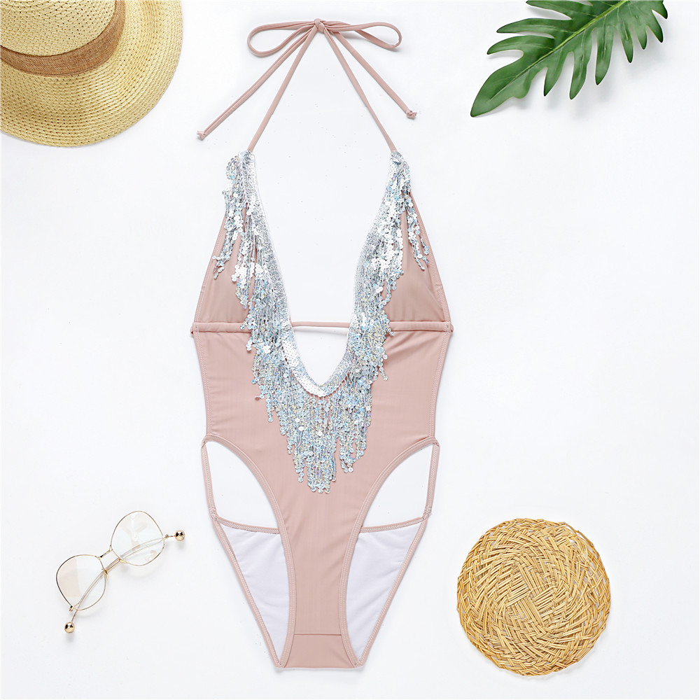 Sequined Fringe One-Piece Bikini Women’S Solid Color Swimsuit