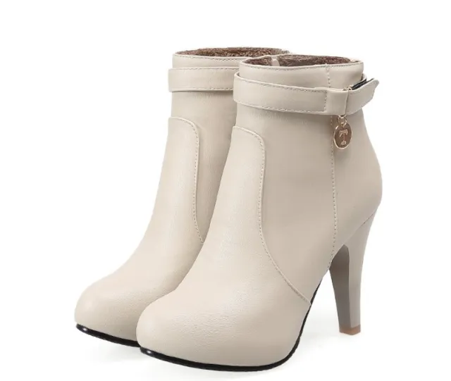 High Heels Platform Stiletto Ladies Leather Shoes Pointed Toe Ankle Boots Cream - Shop at LoveMi