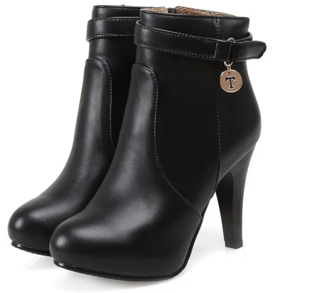 High Heels Platform Stiletto Ladies Leather Shoes Pointed Toe Ankle Boots Black - Shop at LoveMi