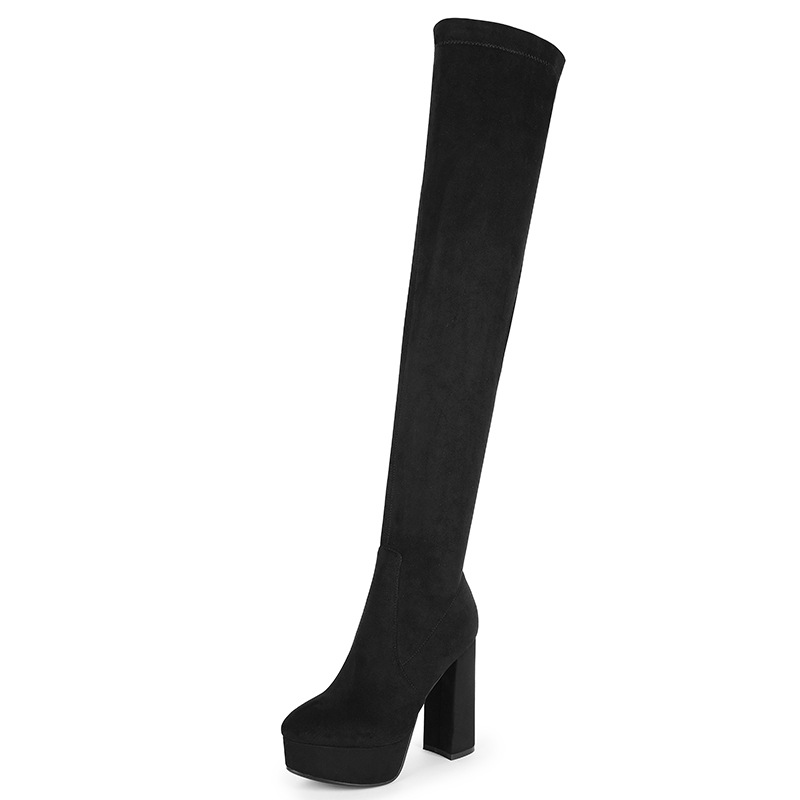 Over The Knee Boots High Heel Round Toe Black Suede Boots