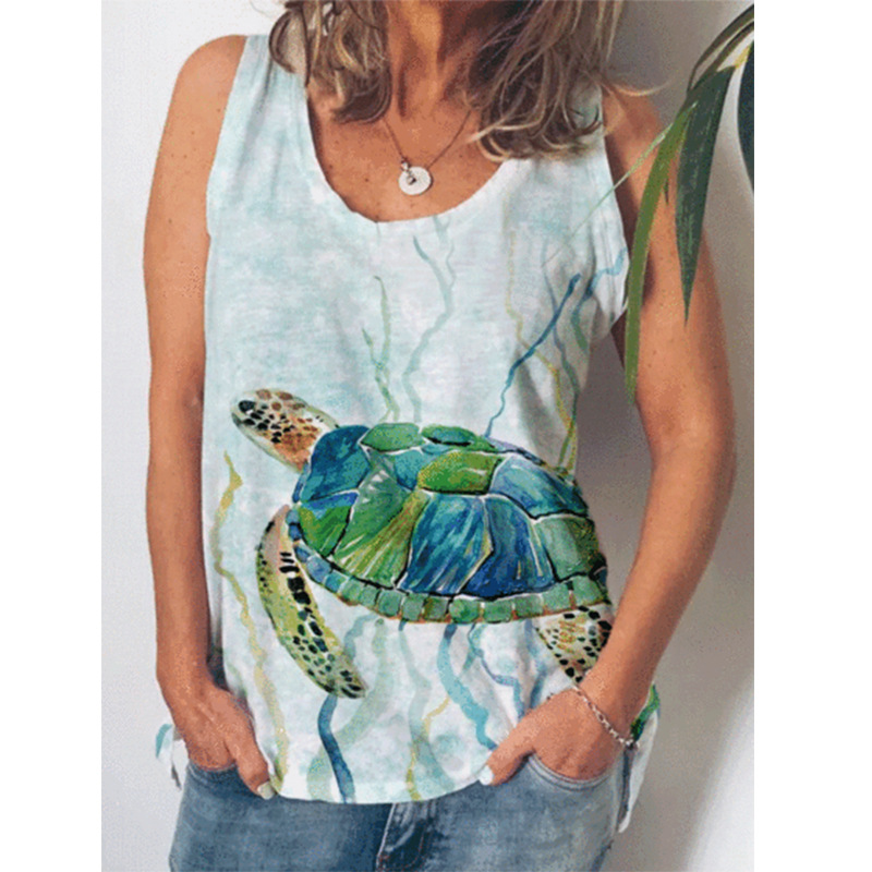  New Amazon Cross-border Foreign Trade Hot Selling Europe And The United States Turtle Print Round Neck Sleeveless Womens T-shirt