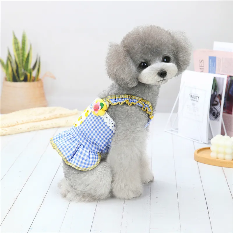 New Dog Clothes Summer Thin Flower Sling Skirt Teddy Bichon Small Dog Pet Sling Skirt Spot - Blue