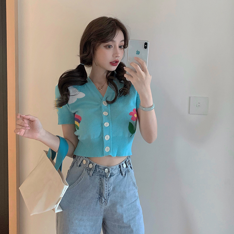 T-ShirtSummer New All-Match Small Short Cardigan V-Neck Short-Sleeved T-Shirt Female Blue Crop Top Bm