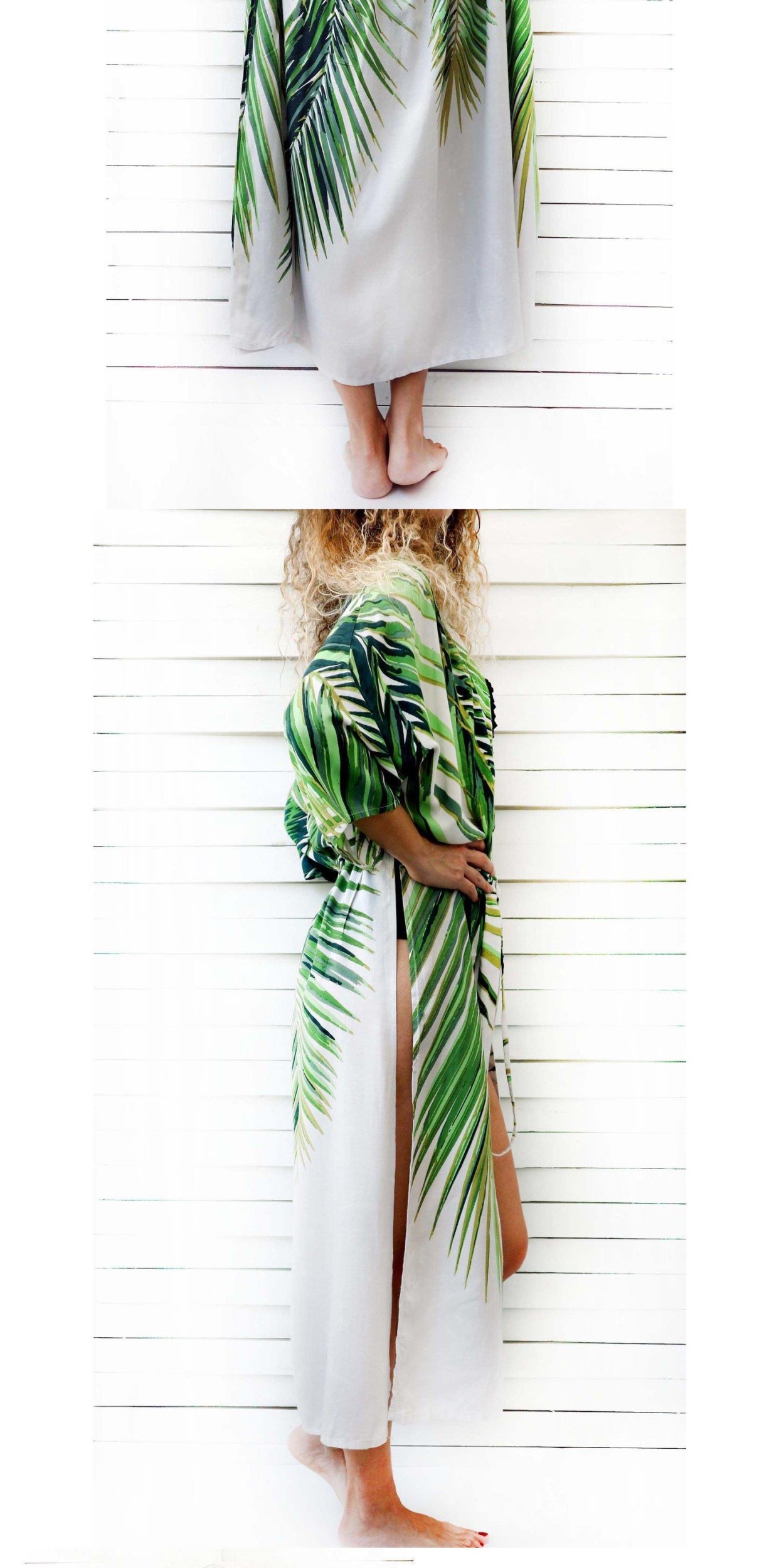 Chiffon Cardigan Green Leaf Print Waist Drawstring Beach Blouse Vacation Positioning Flower Long Blouse