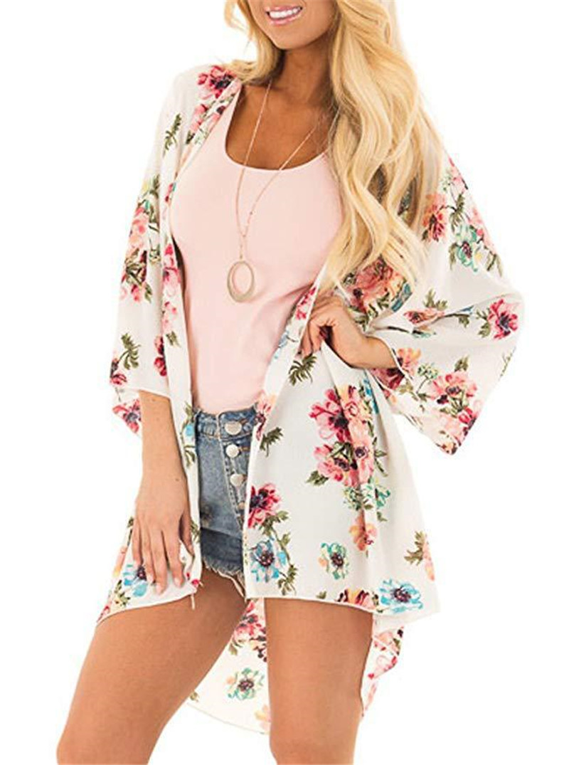 Chiffon Printed Cardigan Sunscreen Long Kimono Bikini Blouse