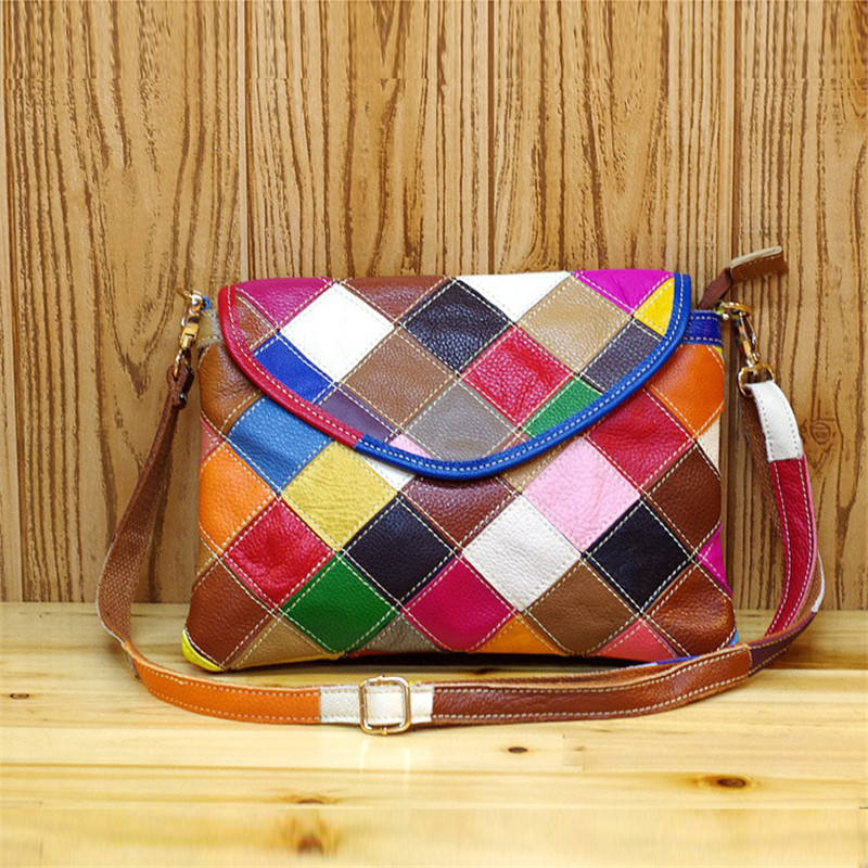 The First Layer Cowhide Handbags Fashion Colorful Color Matching Lattice Small Square Bag