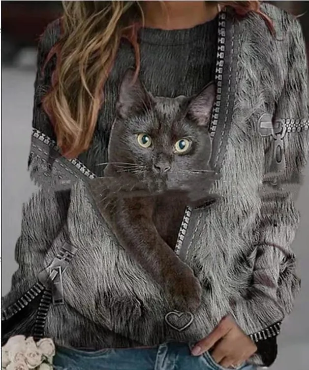 Cartoon Cat Print Casual Long sleeved T shirt Grey - Shop at LoveMi