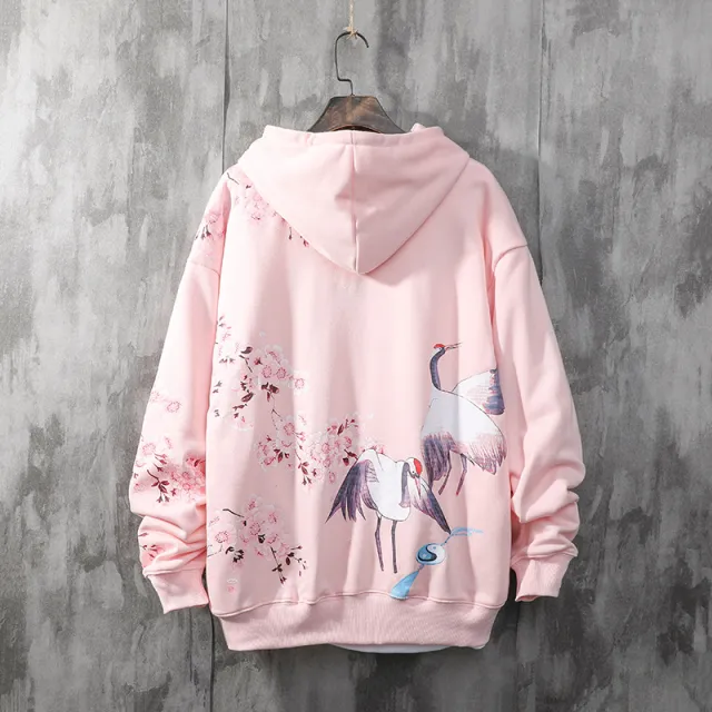 National Tide Crane Sweater Men's Hooded Loose Peach Blossom Antique Coat Pink - Shop at LoveMi