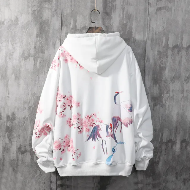 National Tide Crane Sweater Men's Hooded Loose Peach Blossom Antique Coat White - Shop at LoveMi