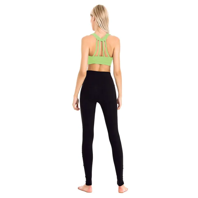 Yoga Suit Women'S Fashion Blouse Shockproof Bra Tight Yoga Pants Piece Set Green To Black - Shop at LoveMi