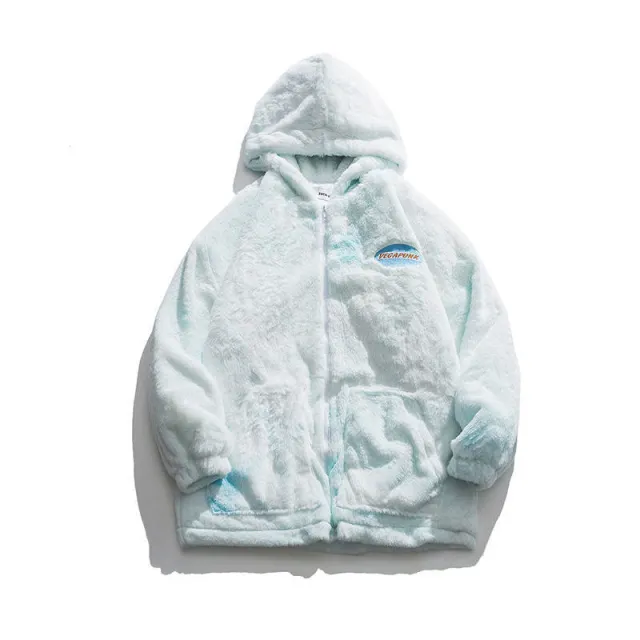 Women's Mid Length Winter Lamb Plush Tie Dye Loose Thick Cotton Hooded Jacket Blue - Shop at LoveMi
