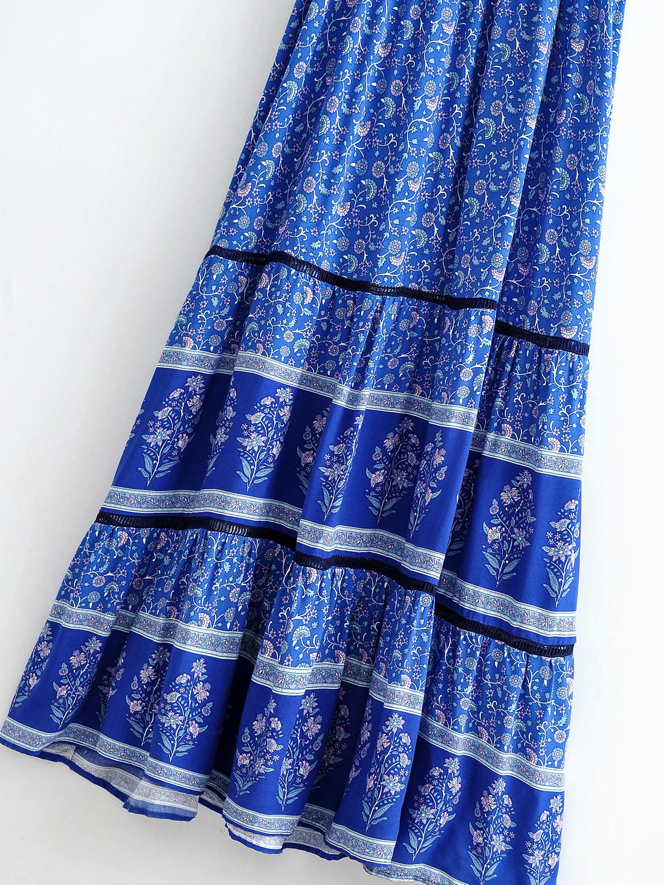 Vintage Chic Women Blue Floral Print Bat Sleeve Beach  Dress