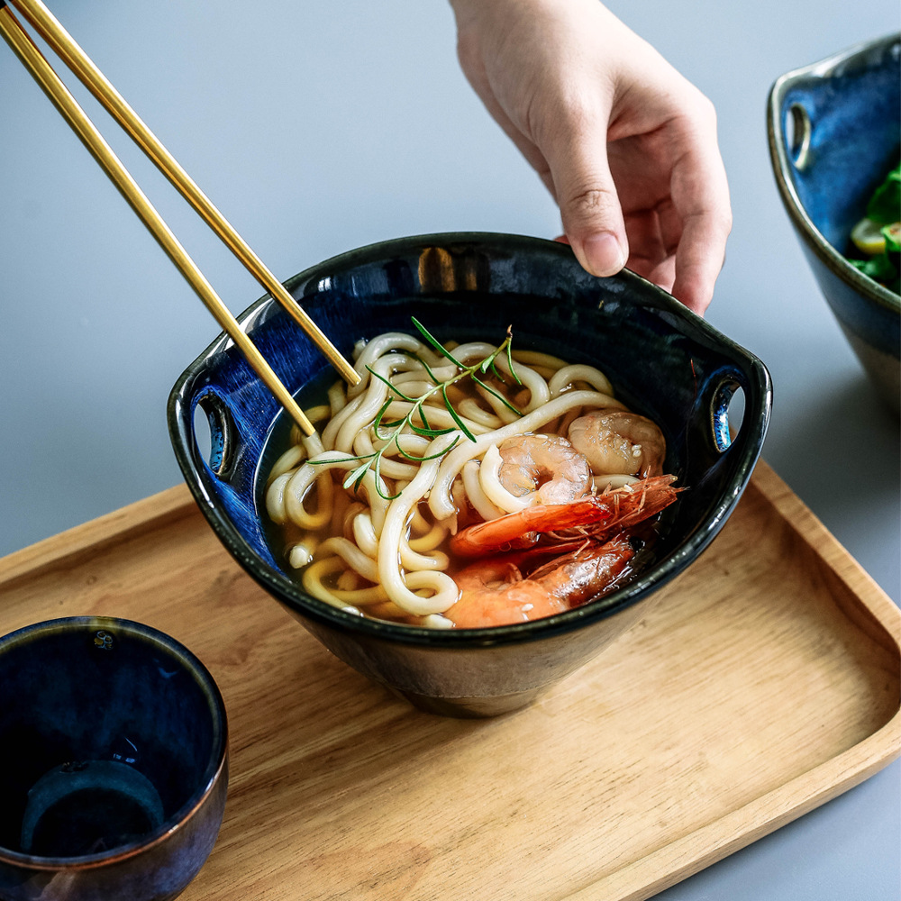 Ceramic Tableware Retro Noodle Soup Bowl Binaural Dessert Cup Pudding Baked Rice Grilled Bowl Fruit Salad Bowl