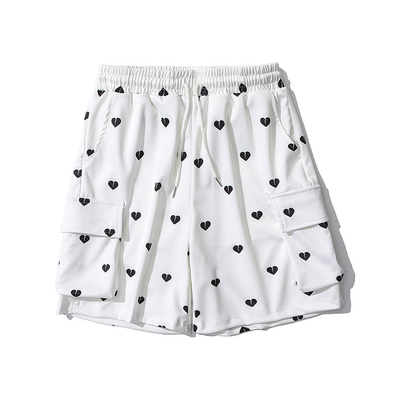 Love Full Print Multi-pocket Overalls Shorts Men's Ins Tide Brand Eastic Waist Five-point Pants
